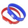 Two silicone wristband flash drives in red and blue, featuring a logo on each band.