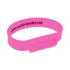 A pink rectangular silicone wristband flash drive featuring a logo.
