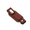 A brown leather case with silver accents, designed to hold a flash drive securely.