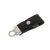 A black leather flash drive holder with a silver clasp, featuring a snap button closure.
