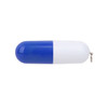 A blue and white pill-shaped flash drive with a keyring attachment, featuring a smooth, shiny surface.