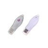A pair of USB flash drives in light grey and pale purple, featuring a logo on one drive.