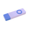 A purple and blue flash drive with a circular button and a logo on the surface.