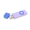 A purple and white flash drive with a blue cap removed, showcasing the USB connector. It features a circular element on the body.