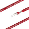 A red lanyard with a clip, featuring text and a logo.