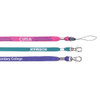 Three bootlace lanyards in purple, turquoise, and pink featuring clips and logos.