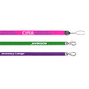 Three bootlace lanyards in pink, green, and purple, each with a clip and varied branding.