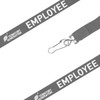 A grey lanyard with a clip and branding, featuring the word "EMPLOYEE" prominently along its length.
