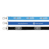 Three promotional lanyards in blue and black, featuring different branding and clip attachments.