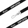 A black poly ribbed lanyard with a clip attachment and a logo, featuring the word "EMPLOYEE."
