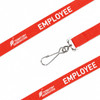 A red poly ribbed lanyard with a clip and logos, featuring the word "EMPLOYEE" printed along its length.
