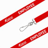 A red poly ribbed lanyard with a metal clip, featuring a logo and the word “EMPLOYEE.”