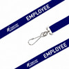 A blue poly ribbed lanyard with a silver clip and branding, featuring the word "EMPLOYEE".
