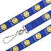 A blue poly ribbed lanyard featuring a clip and a logo throughout its length.