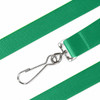 A green nylon lanyard featuring a metal hook attachment and a smooth finish.