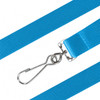 A blue nylon lanyard featuring a metal clip for attachment, showcasing a smooth and durable texture.