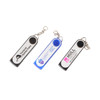 Three colourful flash drives in blue and black, each featuring a branding logo, with keychain attachments.