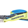 A poly satin lanyard in green and blue, featuring a clip and a branded logo.
