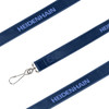 A navy blue poly satin lanyard featuring a logo and a metal clip for attaching items.