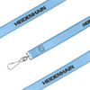 A poly satin lanyard in light blue, featuring a logo and a metal clip for attachment.