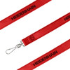 A red poly satin lanyard with a metal clip and a branded logo. Ideal for events and exhibitions.