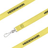 A yellow poly satin lanyard with a clip and branding along its length.