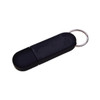 A black flash drive with a rounded design and a keyring attachment. It features a branding logo.