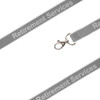 A grey safety lanyard featuring a clip for attachment and a logo along its length.