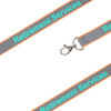 A grey safety lanyard with orange edging and a metal clip, featuring a logo.