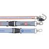 Three safety lanyards in blue and grey, featuring clips and branding on the straps.