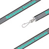 A grey safety lanyard with black edges and a clip, featuring a logo and text in turquoise.