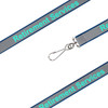 A grey safety lanyard featuring a clip and printed text, with a blue and turquoise design.