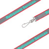 A safety lanyard featuring grey material with red edges and a clip for attaching items. It includes a logo or branding.