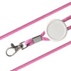 A pink and white lanyard with a retractable badge holder and a metal clip for attachment.