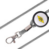 A black and white lanyard with a retractable reel and a circular attachment featuring a logo.