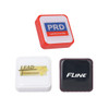A set of square flash drives in red, white, and black, each featuring a logo on the front.