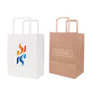 Two flat handle kraft paper bags: one white with a logo, and one brown with airmail design. Both have sturdy handles.
