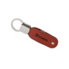 A leather swivel flash drive in brown with a keyring attachment and a logo on one side.