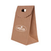 A brown die cut handle bag with a flap, featuring a decorative edge and a handle cut-out.