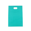 A teal die cut handle bag with a flap, featuring a scalloped edge and a handle cutout at the top.