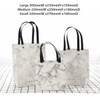 Three knitted handle bags in a marble pattern, varying sizes: large, medium, and small, all featuring black handles.