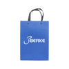 A blue knitted handle bag with lamination, featuring two black handles and a logo.