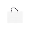 A white knitted handle bag with black straps, featuring a smooth lamination finish. It has a simple design and no visible branding.