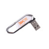 A silver mini carabiner flash drive with a white and orange branding element.