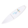 A white surfboard-shaped flash drive with a colourful graphic design and a branding logo.