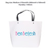 A medium white paper bag with a black handle, featuring a logo in blue and pink text. Dimensions are 370mm x 280mm x 100mm.
