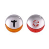 Two round flash drives in silver and vibrant orange and red, featuring distinct designs and a logo on one.