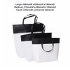 Three paper bags in black and white, featuring a large, medium, and small size with handles, and a logo on the large bag.