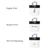 Three large black and white paper bags displayed, each showcasing different printing techniques and featuring a logo.