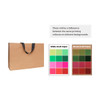 A small brown paper bag with a flat black handle, featuring colour samples for printing options.